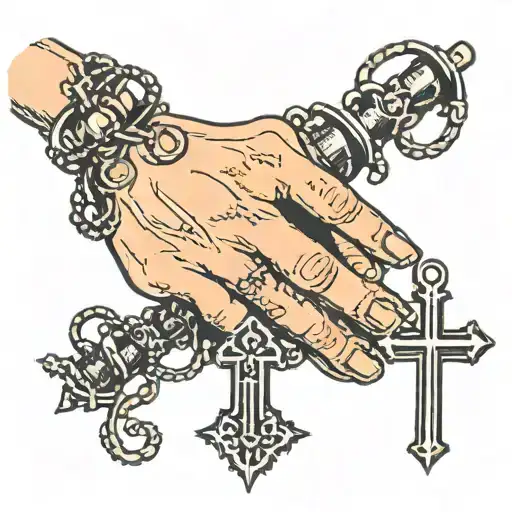 Black out line on a Finger ring of a rosary with the beads wrapped around the knuckles of the finger and small cross tattoo design idea