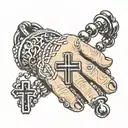 Black out line on a Finger ring of a rosary with the beads wrapped around the knuckles of the finger and small cross tattoo design idea
