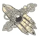 Black out line on a Finger ring of a rosary with the beads wrapped around the knuckles of the finger and small cross tattoo design idea