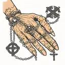 Black out line on a Finger ring of a rosary with the beads wrapped around the knuckles of the finger and small cross tattoo design idea