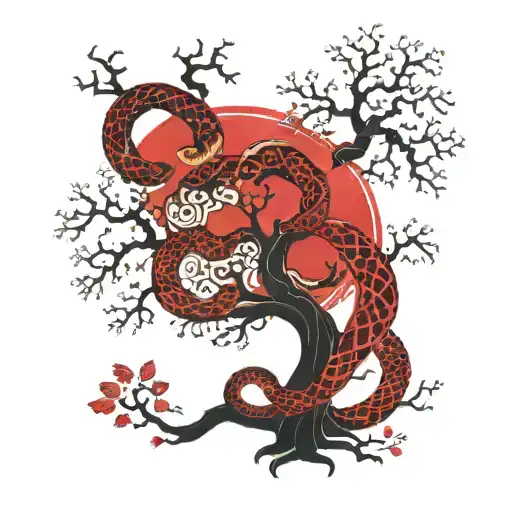 nordic tree of life with a snake eating its tail in red and black tattoo design idea