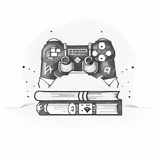 A stack of books with gaming controllers as bookmarks tattoo design idea