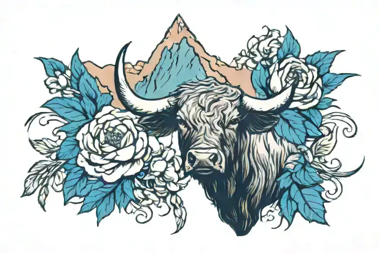 longhorn steer mountains and peonies  tattoo design idea