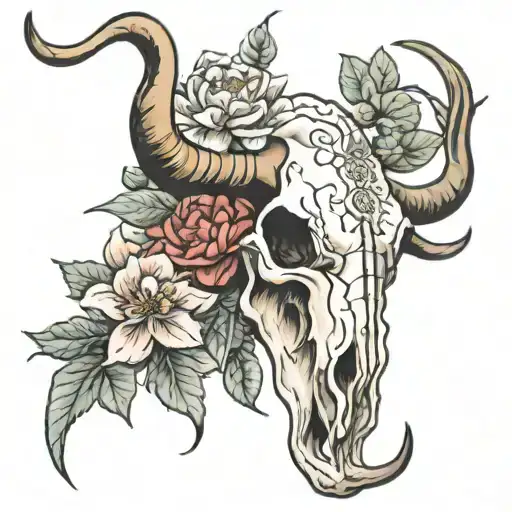 longhorn skull with mountain and peony  tattoo design idea