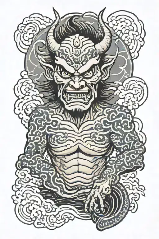 japanese demon with thunderstorm tattoo design idea