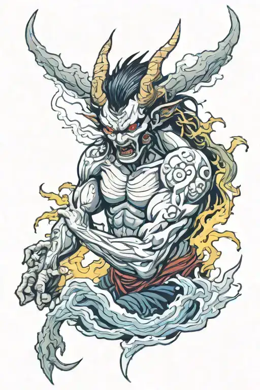 japanese demon with thunderstorm tattoo design idea