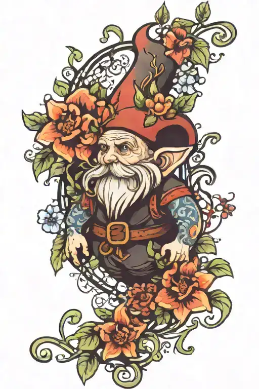 flowers with vines and gnome man  tattoo design idea