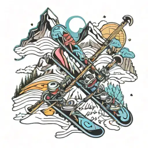 graffiti style skis  with mountains  tattoo design idea
