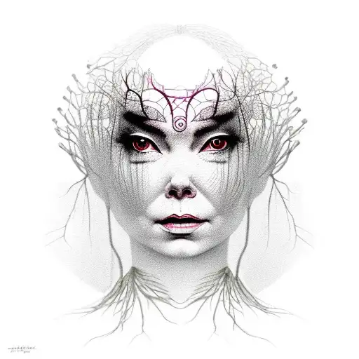 a woman figure inspired by Bjork's Vulnicura album cover,symbolises suffering, has a chest wound and dramatic hands pose tattoo design idea
