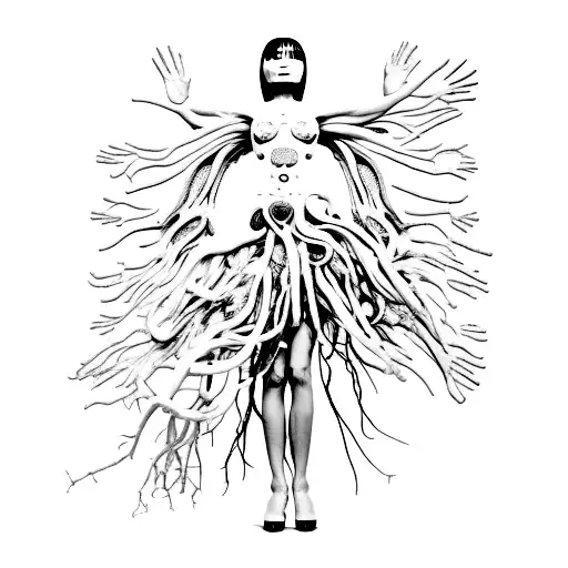 a woman figure inspired by Bjork's Vulnicura album cover,symbolises suffering, has a chest wound and dramatic hands pose tattoo design idea