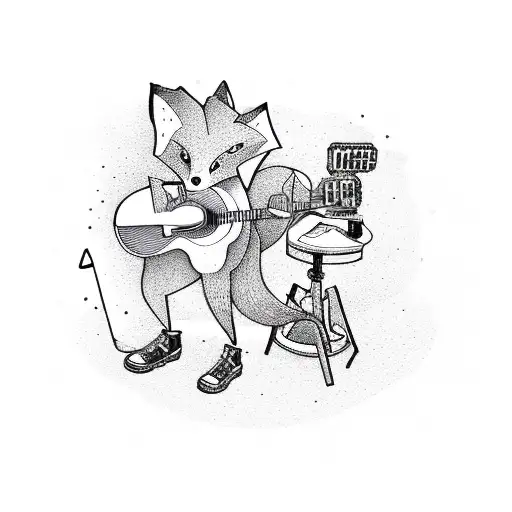 A fox playing a guitar surrounded by caffeine molecules and gaming controllers tattoo design idea