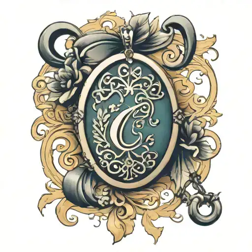 oval locket with chain and filigree and letter c in cursive in the middle tattoo design idea