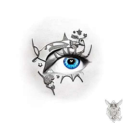 A realistic portrait of a model wearing thigh high boots, with a peace sign as a reflection in their eye tattoo design idea