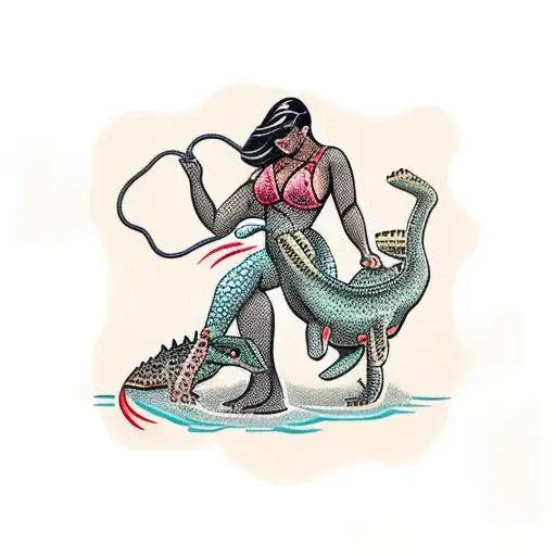 leopard-print bikini-clad woman wrestling a crocodile tattoo design idea