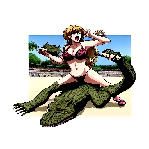 leopard-print bikini-clad woman wrestling a crocodile tattoo design idea