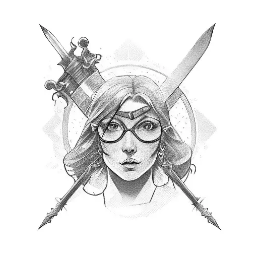 A portrait of the professor's beloved wife, surrounded by RPG-inspired elements like swords, dice, and potions tattoo design idea