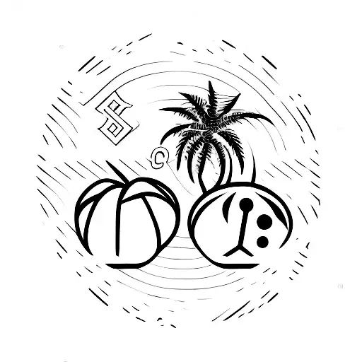 Minimalist palm tree with crypto symbols as coconuts tattoo design idea