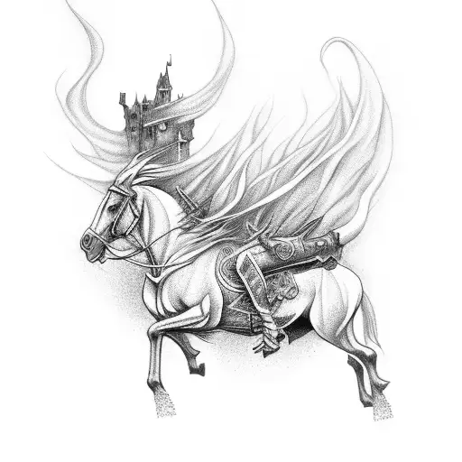 fantasy beautiful death on horse tattoo design full body, on the background of Apocalypse tattoo design idea