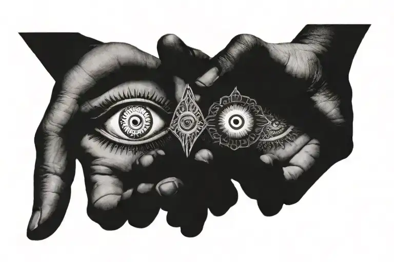 A pair of hands delicately prying open a detailed and mystical third eye tattoo design idea