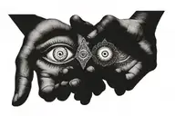 A pair of hands delicately prying open a detailed and mystical third eye tattoo design idea