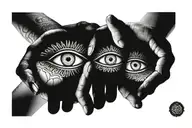 A pair of hands delicately prying open a detailed and mystical third eye tattoo design idea