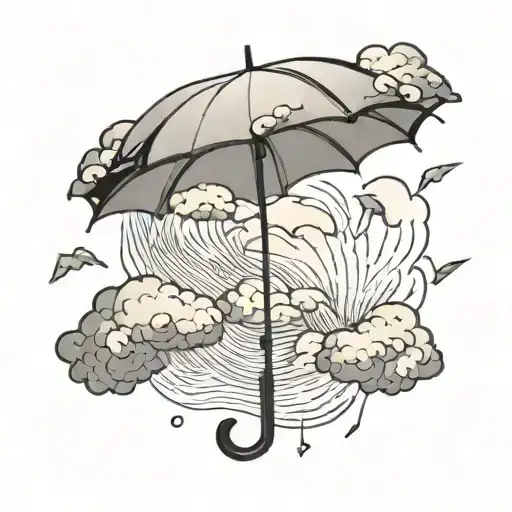 Umbrella with clouds and lightning coming from inside. No colors. Minimal style. No shading. tattoo design idea