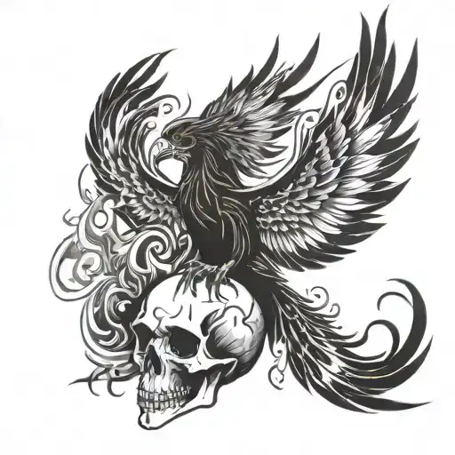 A fiery phoenix rising from the ashes with a skull incorporated into the design tattoo design idea
