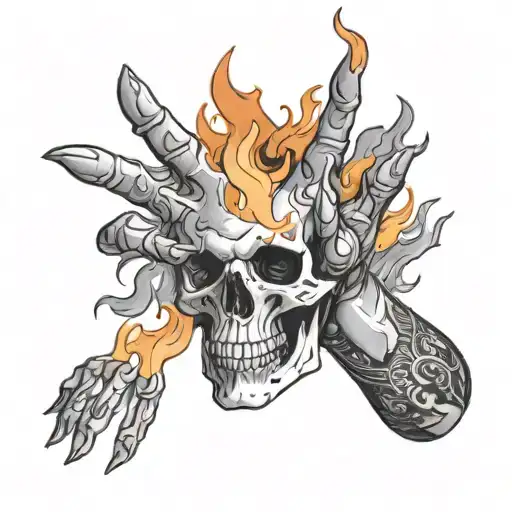 A black-grey tattoo of a businessman's hand reaching out of flames, clutching a skull tattoo design idea