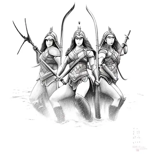 drowning of 3 female amazons warriors. The 3 female amazons warriors should be strong and dignified.  tattoo design idea