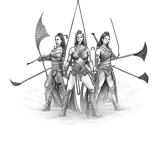 3 female amazons warriors guarding me. One on horse with bow and arrow, one with 2 swords, and one holding spear tattoo design idea