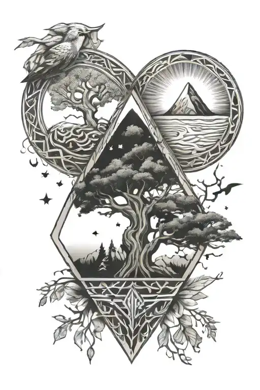 forearm tattoo with yggdrasil, valknut and a moon tattoo design idea
