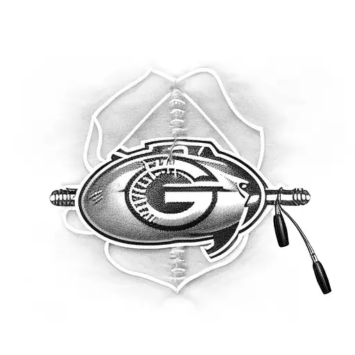 A blackwork tattoo of a traditional Green Bay Packers helmet with a fishing rod and beer mug intertwined, showcasing the client's love for football, fishing, and beer tattoo design idea