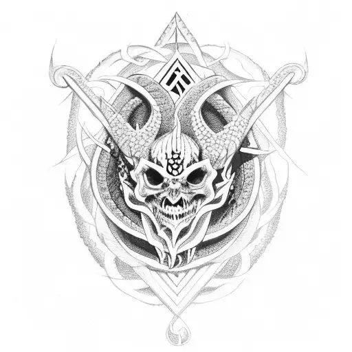 A coffin covered in intricate satanic symbols and surrounded by snakes tattoo design idea