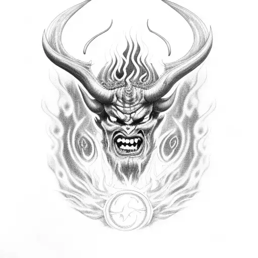 A detailed portrait of Satan with horns and a sinister smile, surrounded by swirling flames tattoo design idea