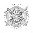 A circular tattoo design featuring a calm sea with a boat and a drawn sword on one side, and a stormy sea with lightning on the other side. tattoo design idea