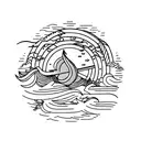 A circular tattoo design featuring a calm sea with a boat and a drawn sword on one side, and a stormy sea with lightning on the other side. tattoo design idea