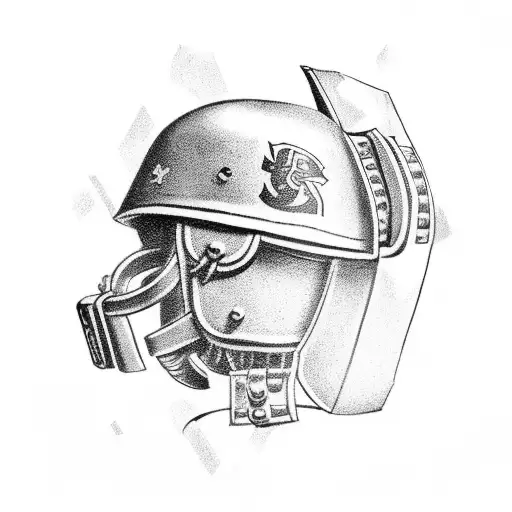 A stylized tattoo of a military helmet adorned with a vibrant and colorful autism awareness ribbon tattoo design idea