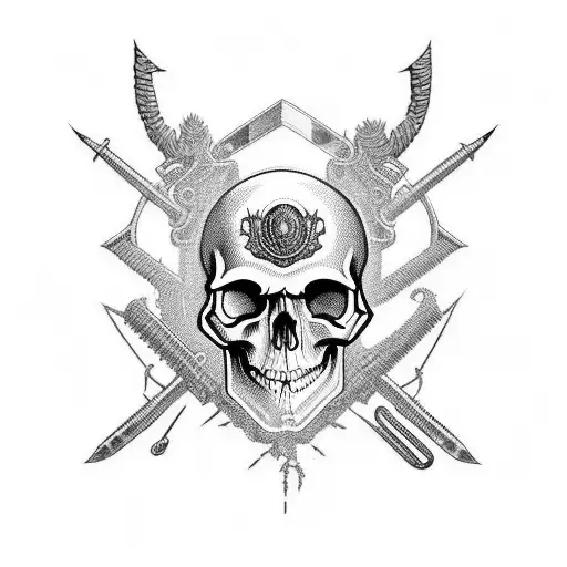 An intricately designed skull with military gear and weapons incorporated into the design tattoo design idea