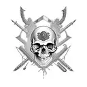 An intricately designed skull with military gear and weapons incorporated into the design tattoo design idea