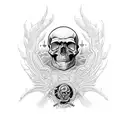 An intricately designed skull with military gear and weapons incorporated into the design tattoo design idea