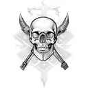 An intricately designed skull with military gear and weapons incorporated into the design tattoo design idea