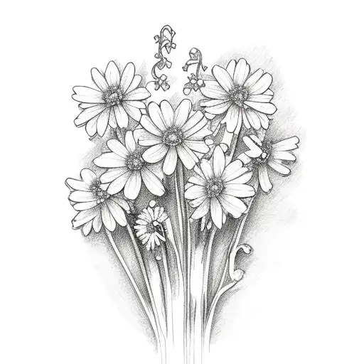 carnation, daisy, violet and lily of the valley in a bouquet with a ribbon  tattoo design idea
