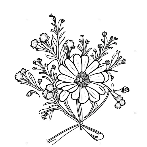 carnation, daisy, violet and lily of the valley in a bouquet with a ribbon  tattoo design idea