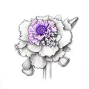 carnation, daisy, violet and lily of the valley in a bouquet with a ribbon  tattoo design idea