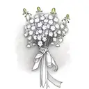 carnation, daisy, violet and lily of the valley in a bouquet with a ribbon  tattoo design idea