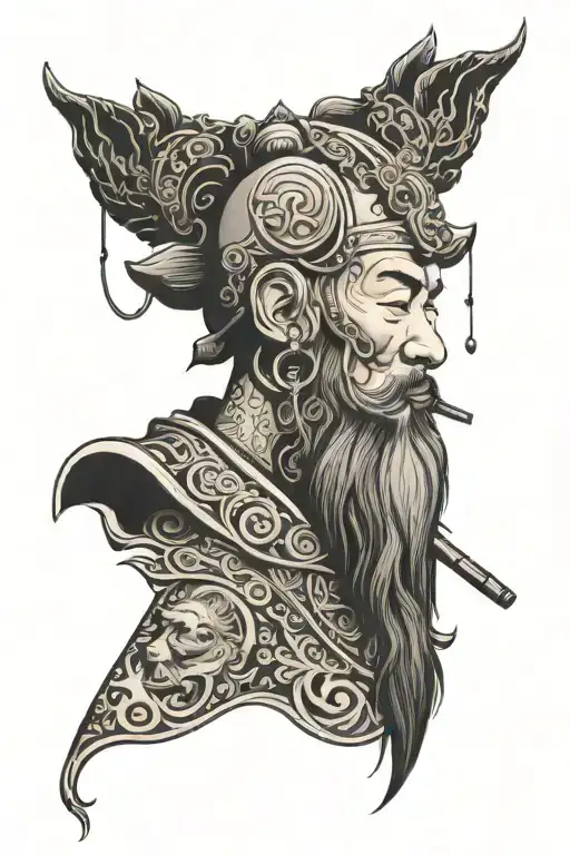 Bold Head of a longbearded meditating Chinese monk smoking long pipe wearing headphones frontal view  tattoo design idea