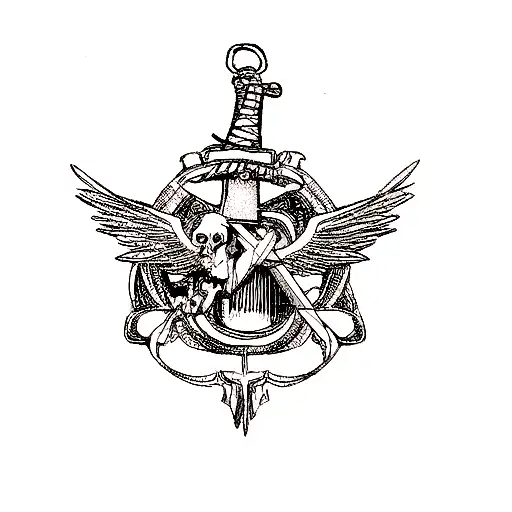 a skull with wings and a sword tattoo design idea