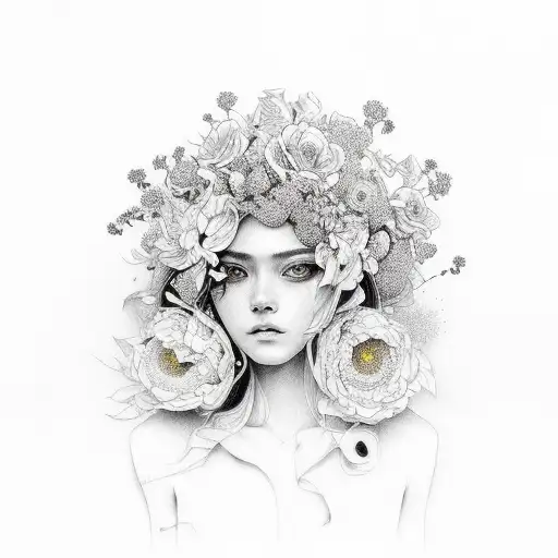 A stunning portrait of Oxum adorned with yellow flowers tattoo design idea