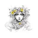 A stunning portrait of Oxum adorned with yellow flowers tattoo design idea