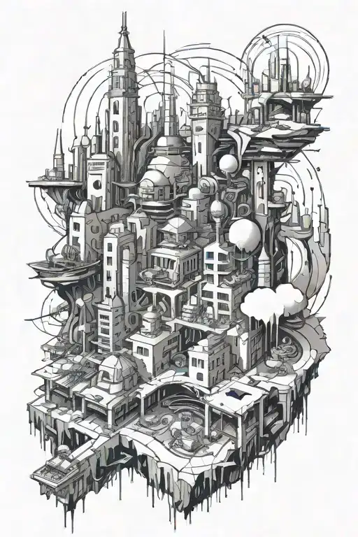 A futuristic cityscape with hidden messages of anarchy and resistance, incorporating elements of metal music tattoo design idea
